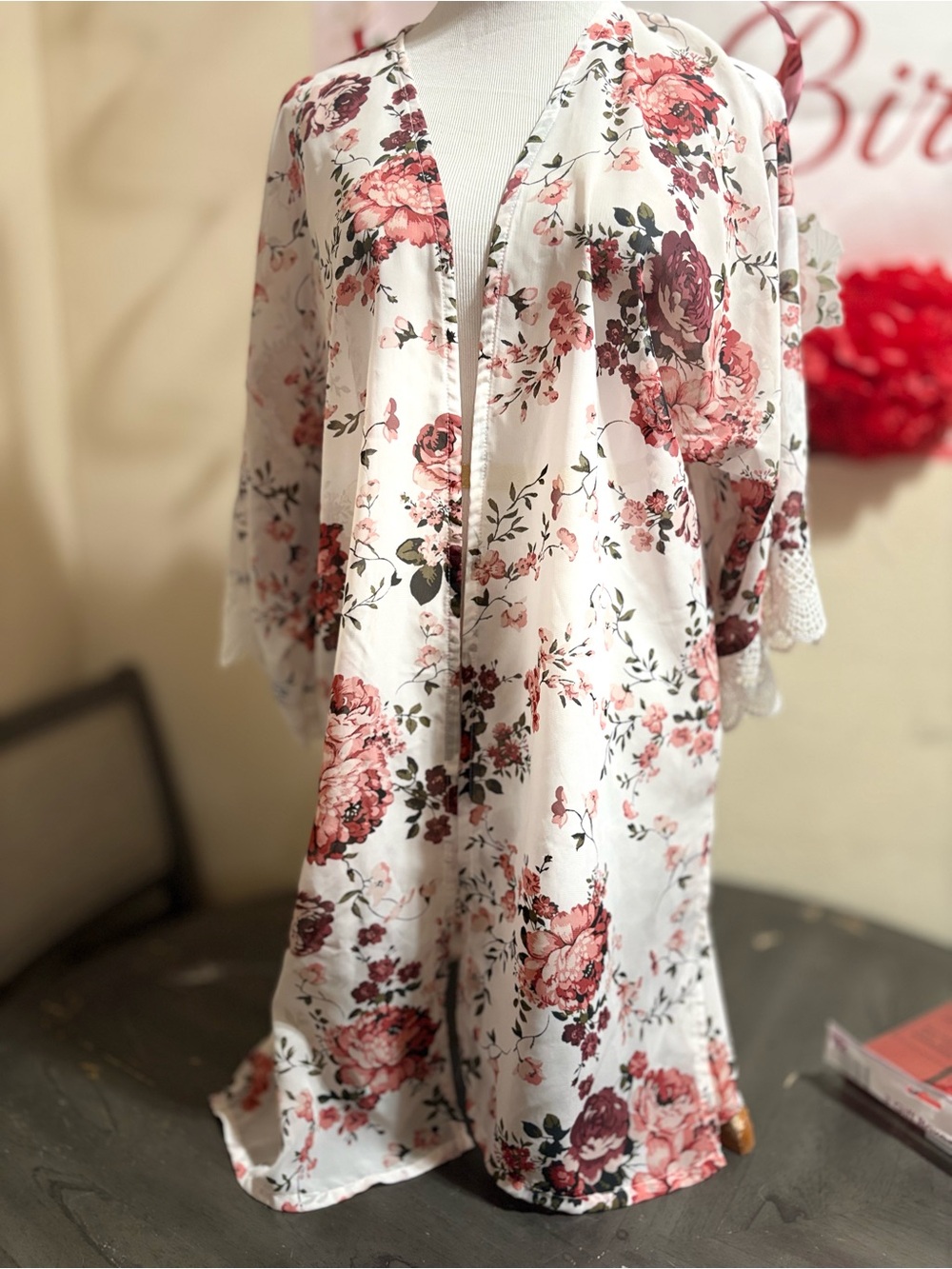 Wallflower White Floral Kimono Tank Top with Pink and Burgundy Roses